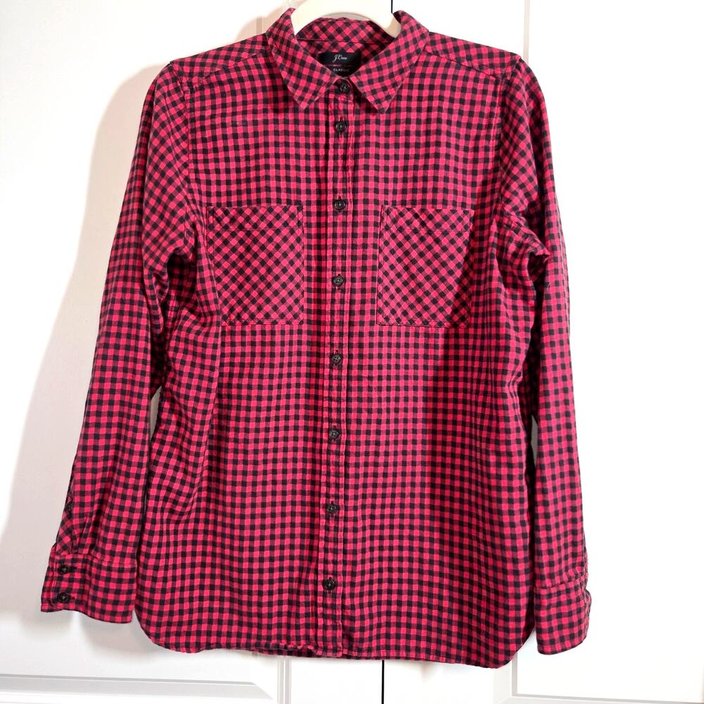 J. Crew Classic 100% Cotton Flannel Check Print Red Black Long Sleeve Size 6